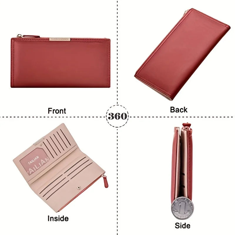 Portafoglio donna in pelle rossa, design elegante, vista a 360 gradi. Scomparti multipli per carte e monete, chiusura con zip. Accessorio moda femminile.