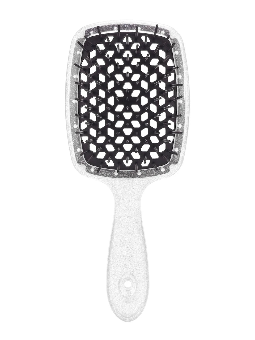 Spazzola per capelli quadrata con setole nere e manico bianco, design a nido d'ape, ideale per districare e lisciare. Accessorio per cura capelli.