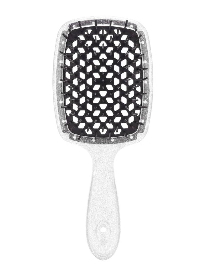 Spazzola per capelli quadrata con setole nere e manico bianco, design a nido d'ape, ideale per districare e lisciare. Accessorio per cura capelli.