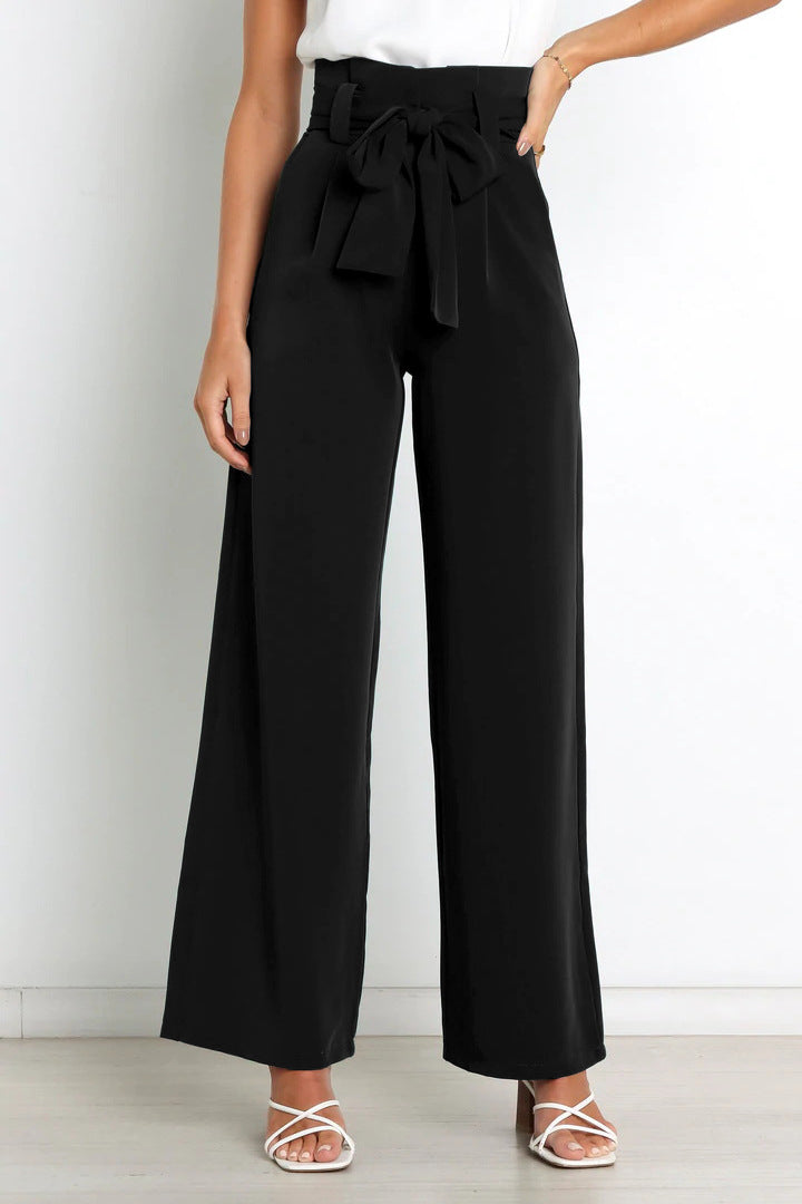 Pantaloni Donna Vita Alta Larga con Cintura a Nastro