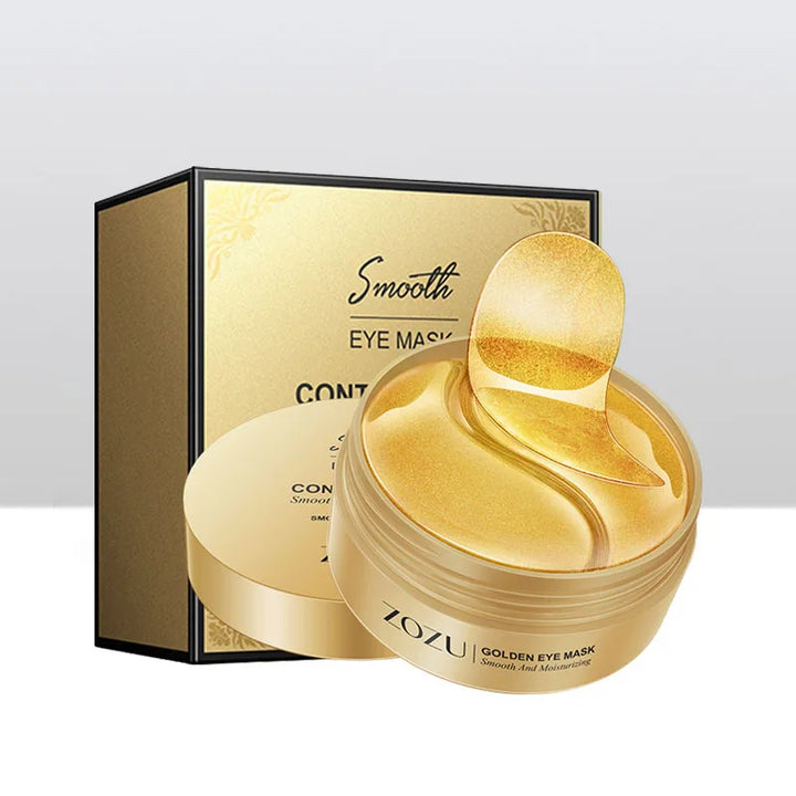 Maschera occhi ZOZU dorata, confezione elegante, idratazione e cura anti-età, trattamento contorno occhi, bellezza e cura della pelle.
