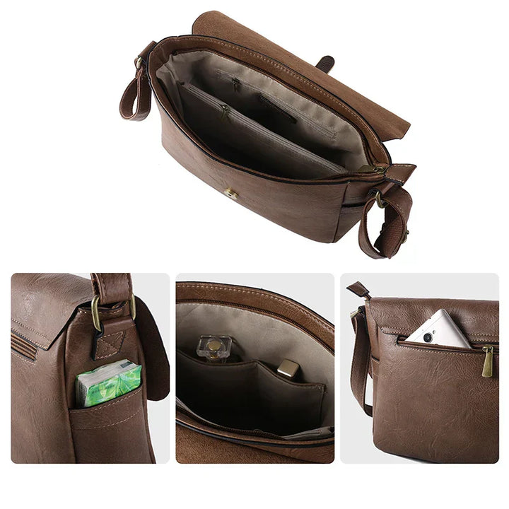 Borsa a tracolla in pelle marrone con scomparti multipli, chiusura a zip, tasche interne ed esterne, ideale per uomo e donna, stile casual ed elegante.