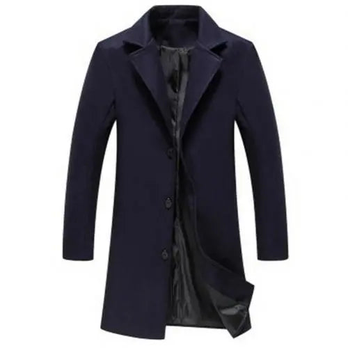 Cappotto uomo elegante blu scuro, lungo, con bottoni, design classico, ideale per autunno e inverno, moda maschile, abbigliamento formale.