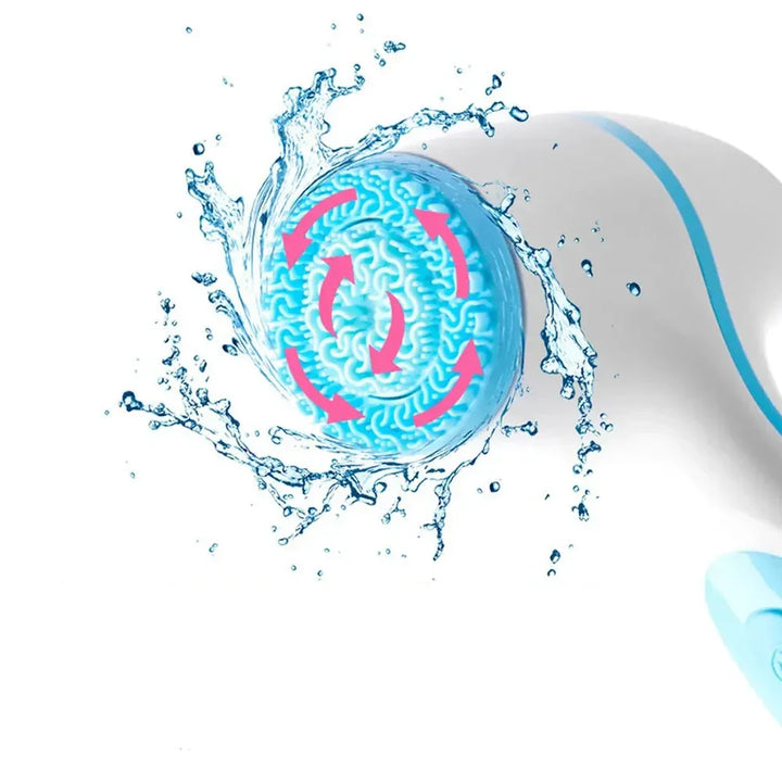 Spazzola elettrica per pulizia viso, testina rotante blu con schizzi d'acqua, cura della pelle, esfoliazione delicata, impermeabile, ricaricabile.