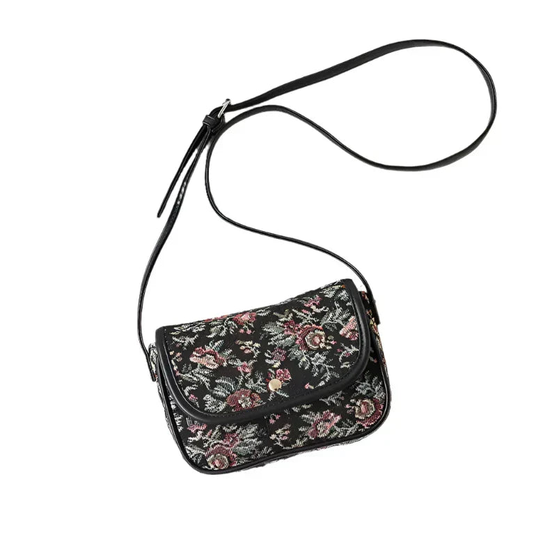 Borsa a tracolla floreale nera, ricamata, elegante e alla moda, perfetta per donna. Accessorio versatile per ogni occasione.