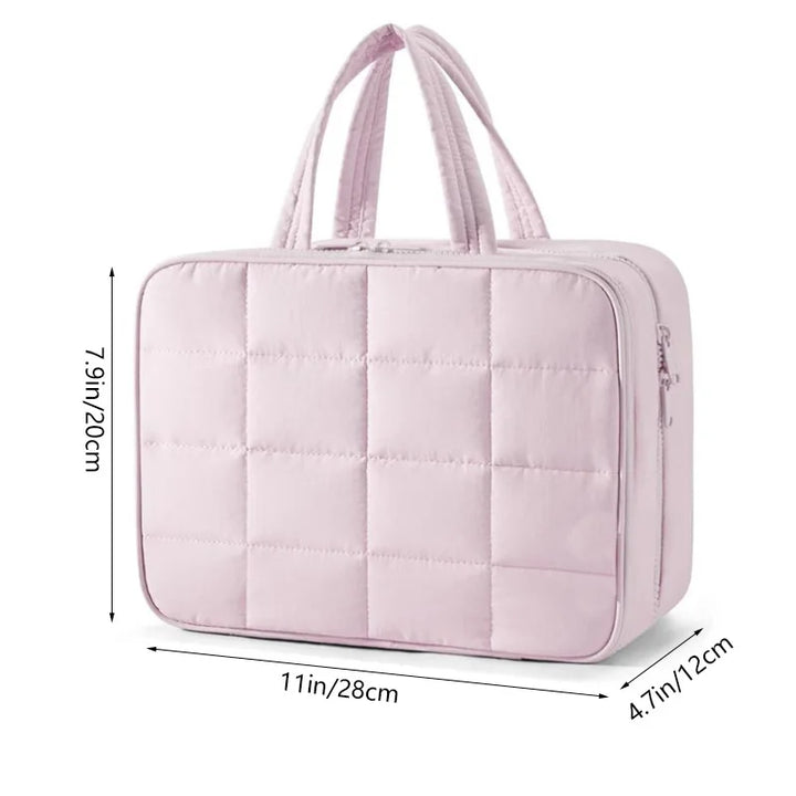 Borsa organizer da viaggio rosa, trapuntata, con manici, dimensioni 28x20x12 cm. Ideale per cosmetici e accessori.