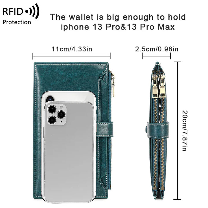 Portafoglio in pelle verde con protezione RFID, compatibile con iPhone 13 Pro e Pro Max, dimensioni 20x11 cm, doppia cerniera, tasca per smartphone.
