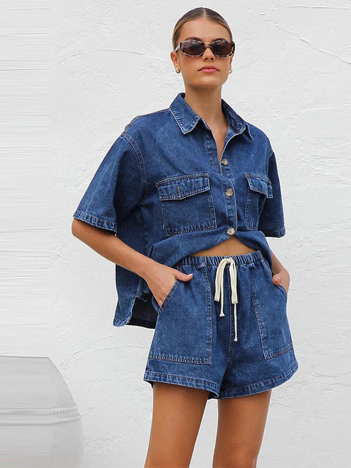 Set Estivo Donna Camicia Cotone Shorts Vita Elastica
