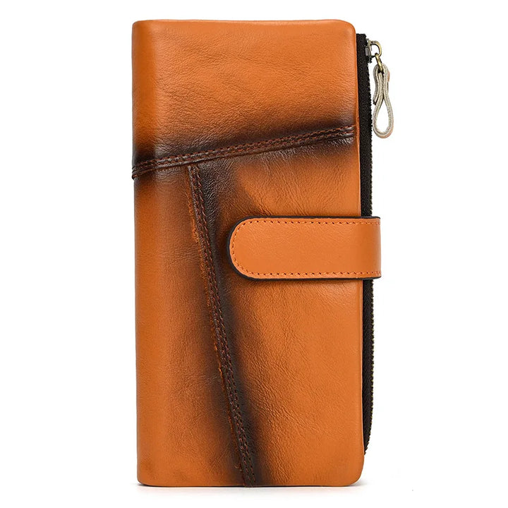 Portafoglio in pelle marrone con chiusura a zip e bottone, design elegante e moderno, accessorio moda uomo, alta qualità, ideale per regali.