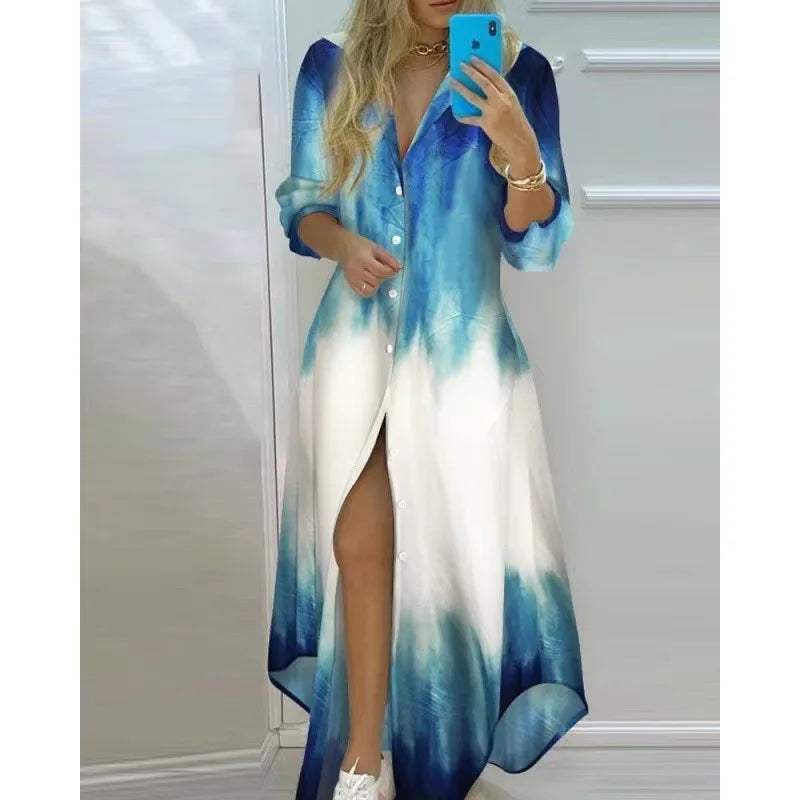 Abito lungo donna sfumato blu e bianco, maniche lunghe, con bottoni, stile casual elegante, perfetto per moda estiva e occasioni speciali.