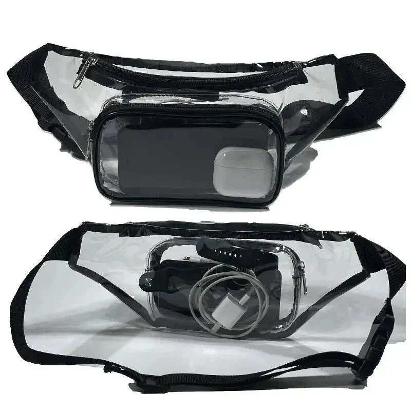Marsupio trasparente in PVC con cerniera, ideale per viaggi e concerti. Design impermeabile, compatibile con smartphone e accessori.