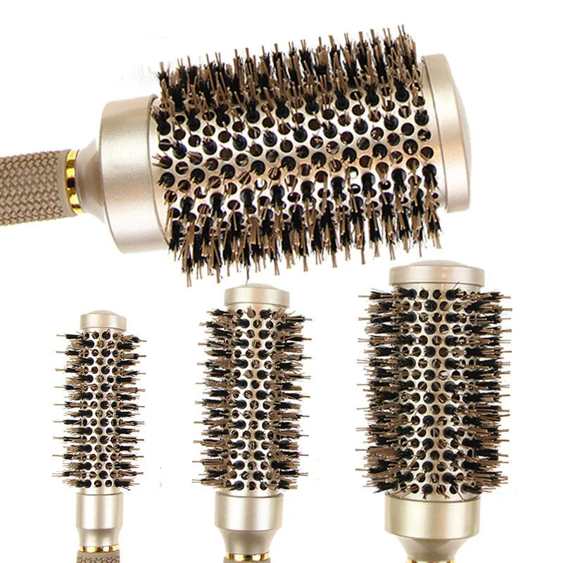 Set di spazzole termiche rotonde per capelli, setole in nylon, manico ergonomico, ideale per styling e asciugatura, diverse dimensioni disponibili.