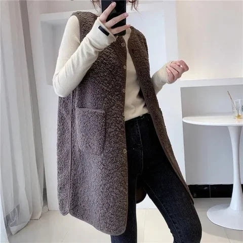 Gilet Donna Lungo Misto Lana Senza Maniche Minimalista Caldo - Vesarelli