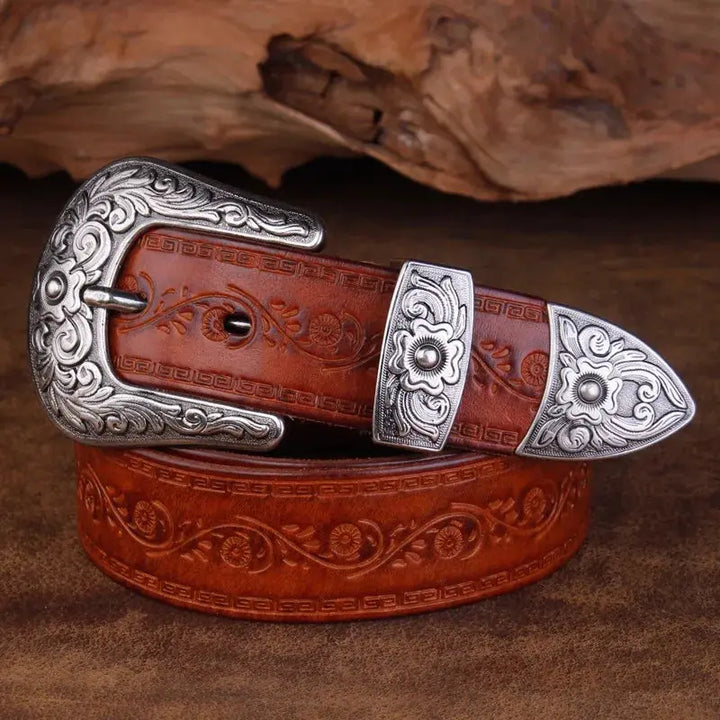 Cintura Uomo in Pelle Stile Western Fibbia Incisa Classica
