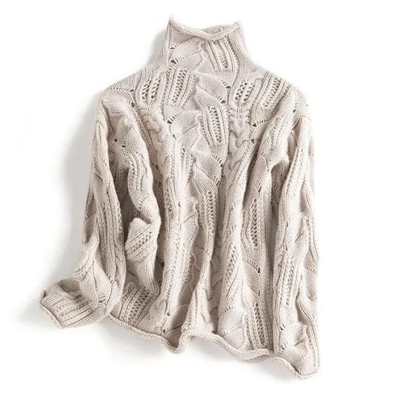 Maglione Donna in Maglia Torsadée Collo Alto Manica Lunga