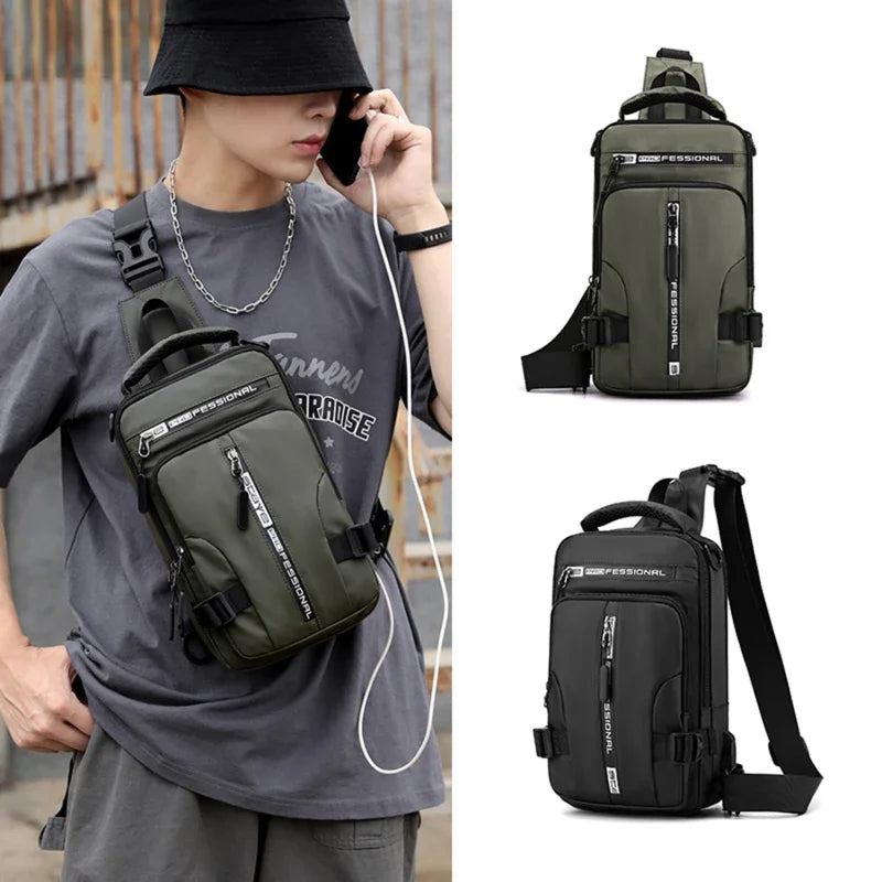Zaino a tracolla unisex verde e nero, design moderno, tasche multiple, ideale per viaggi e uso quotidiano. Accessorio moda funzionale e versatile.