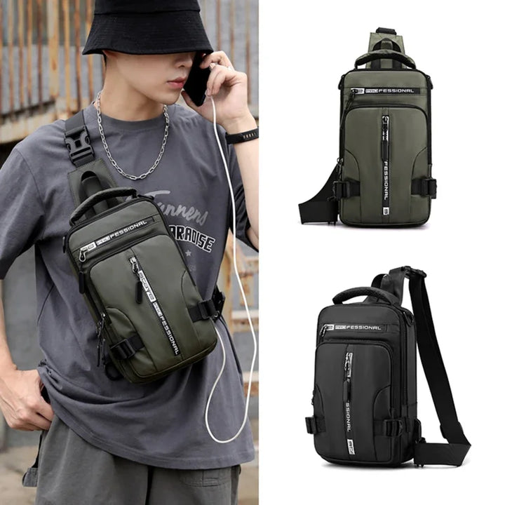 Zaino a tracolla unisex verde e nero, design moderno, tasche multiple, ideale per viaggi e uso quotidiano. Accessorio moda funzionale e versatile.