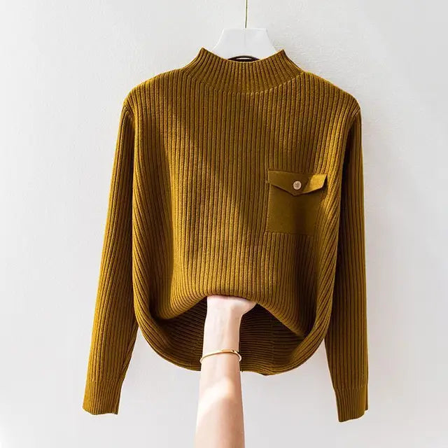 Maglione Donna a Collo Alto Maglia a Coste Maniche Lunghe Comodo - Vesarelli