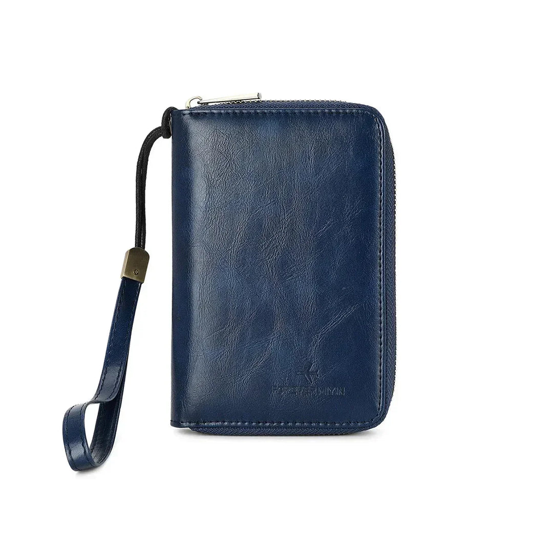 Portafoglio uomo in pelle blu con cerniera e cinturino da polso, design elegante e funzionale, accessorio moda maschile di alta qualità.