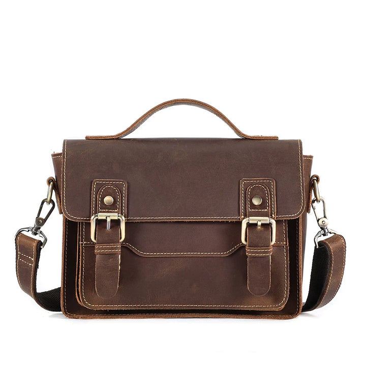 Borsa a tracolla in pelle marrone vintage, design elegante con fibbie in metallo, ideale per lavoro e scuola. Accessorio moda uomo e donna.