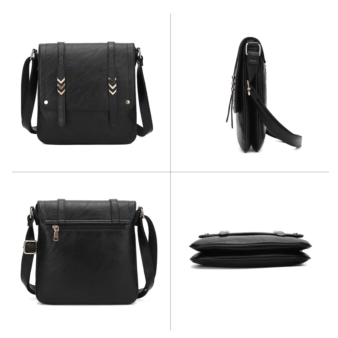 Borsa a tracolla in pelle nera, design elegante con dettagli metallici, chiusura a zip, tasca posteriore, ideale per uomo e donna, vista multipla.