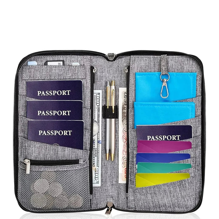 Portadocumenti da viaggio grigio con scomparti per passaporti, carte di credito, penne e monete. Organizer compatto e funzionale per viaggiatori.