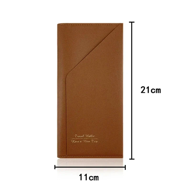 Portafoglio da viaggio in pelle marrone, dimensioni 21x11 cm, design elegante e sottile, ideale per documenti e carte, accessorio uomo e donna.