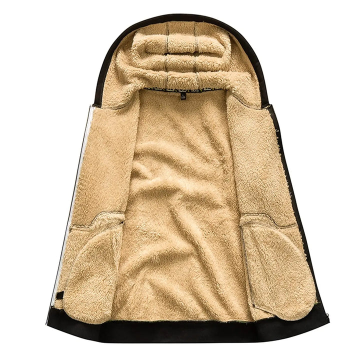 Cappotto invernale con cappuccio, interno in pelliccia sintetica beige, esterno nero, caldo e accogliente, ideale per climi freddi.