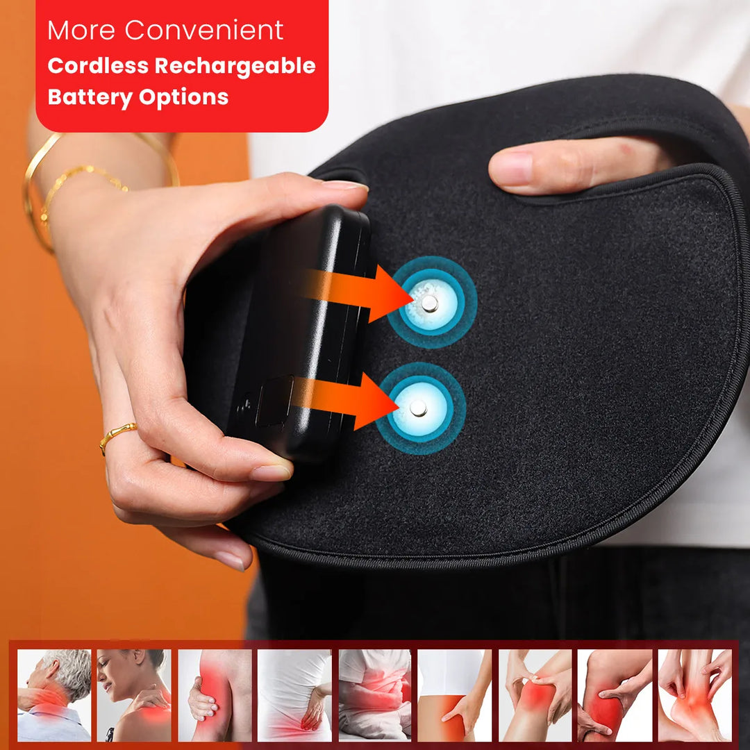 Cuscino termico cordless con batteria ricaricabile, design ergonomico, sollievo dal dolore, immagini dimostrative, comfort e praticità.