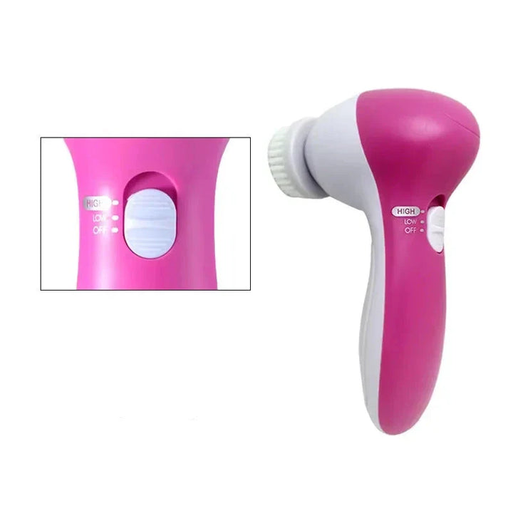 Spazzola elettrica per pulizia viso rosa e bianca, con impostazioni di velocità regolabili. Strumento skincare per esfoliazione e pulizia profonda.