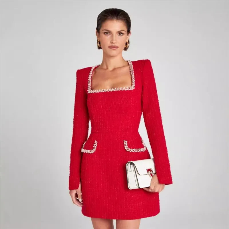 Blazer Mini Donna in Tweed Decorato con Perle