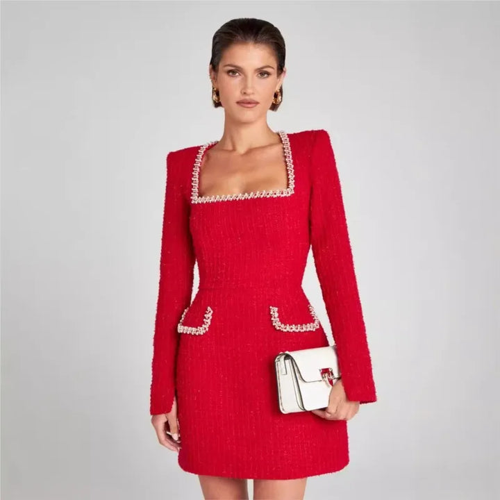 Blazer Mini Donna in Tweed Decorato con Perle