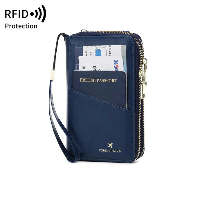 Portafoglio da viaggio blu con protezione RFID, tasca per passaporto, slot per carte di credito e cerniera. Ideale per viaggi sicuri e organizzati.