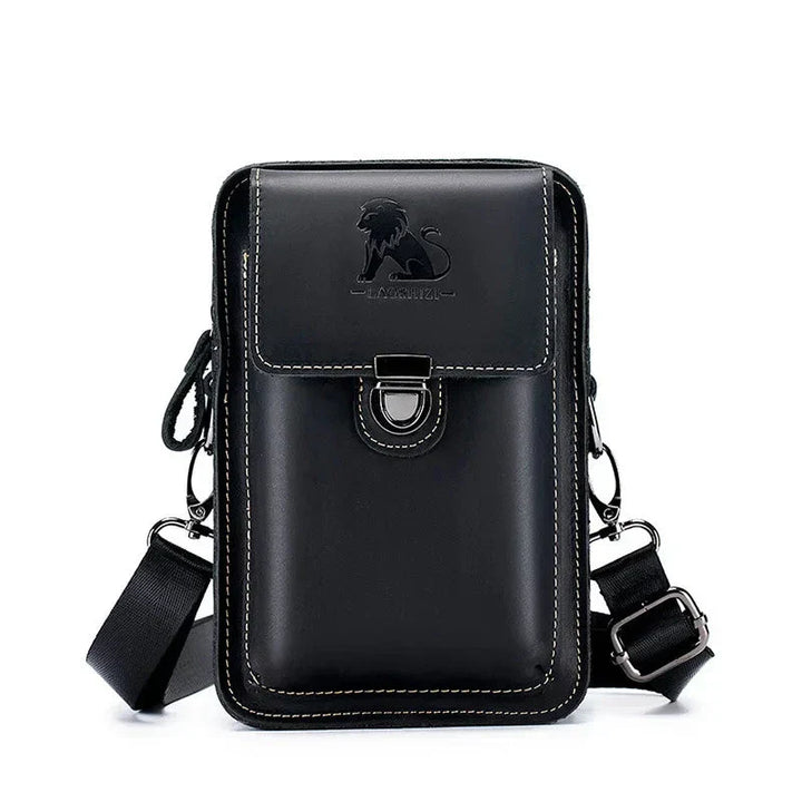 Borsa a tracolla in pelle nera con logo leone, design elegante e compatto, ideale per uomo, accessorio moda, chiusura a fibbia, tracolla regolabile.