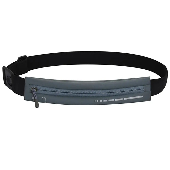 Marsupio sportivo nero con cerniera grigia, ideale per corsa e attività all'aperto. Design compatto, regolabile, resistente all'acqua. Accessorio fitness.