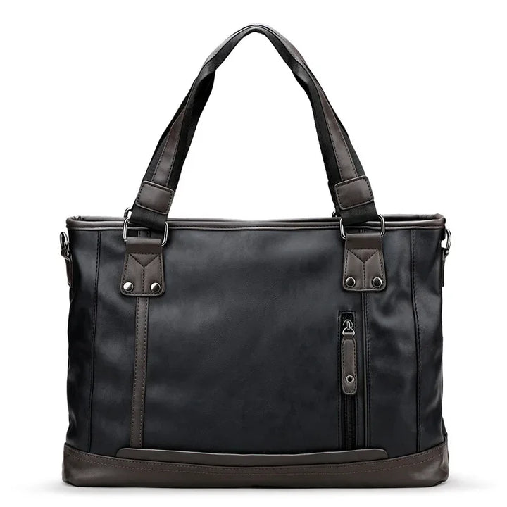 Borsa a tracolla in pelle nera da uomo, design elegante con cerniera frontale, manici robusti, ideale per lavoro e viaggio.