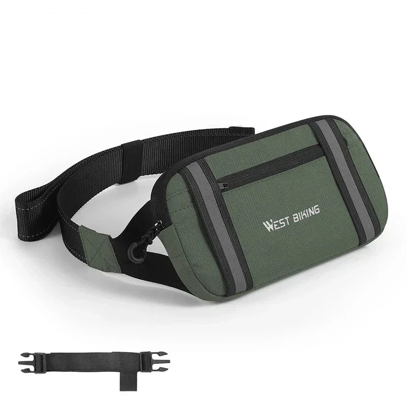 Marsupio verde West Biking con cerniera, tasca frontale e cintura regolabile nera. Ideale per ciclismo, escursionismo e attività all'aperto.