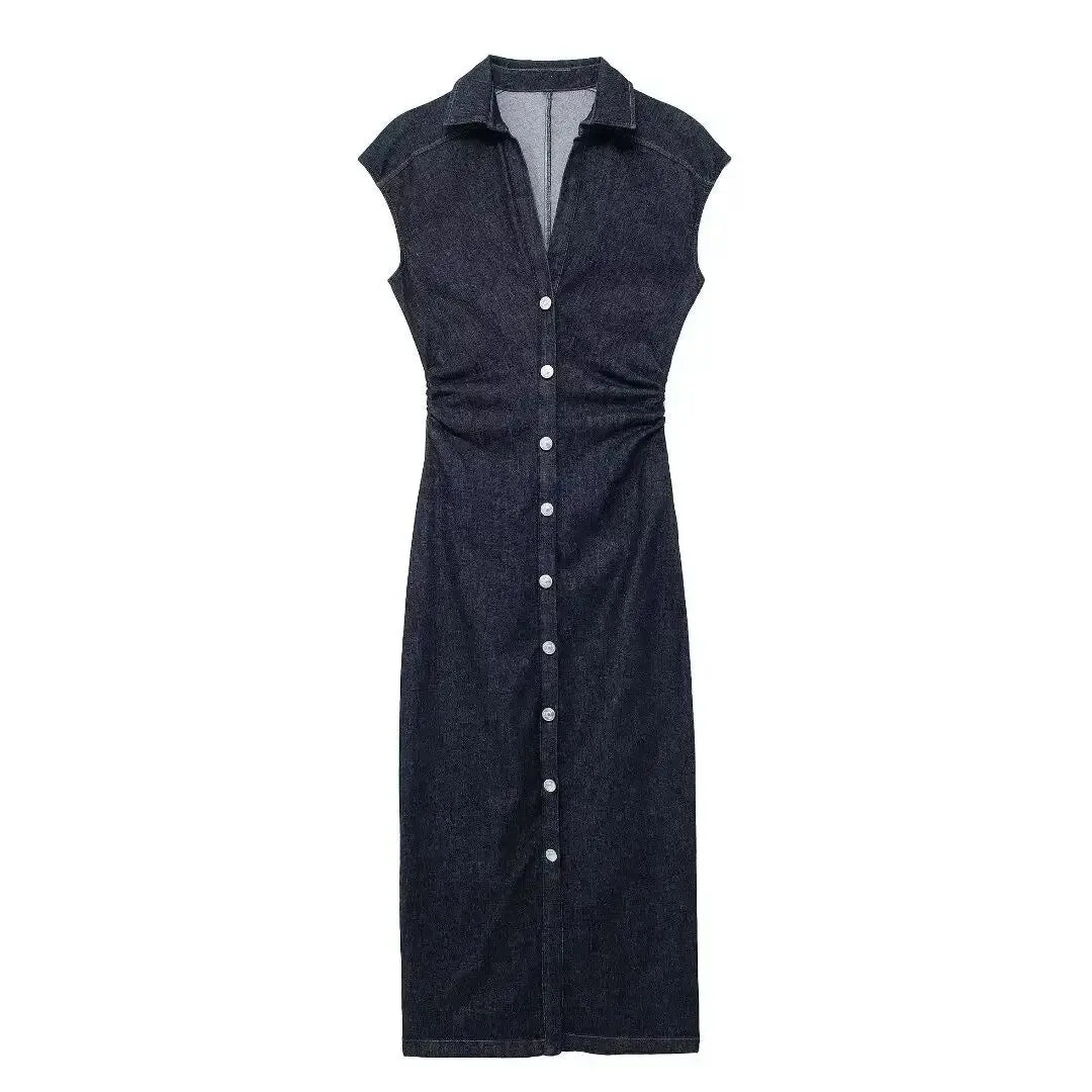 Abito Lungo Donna in Denim Spalline Sottili Elegante - Vesarelli
