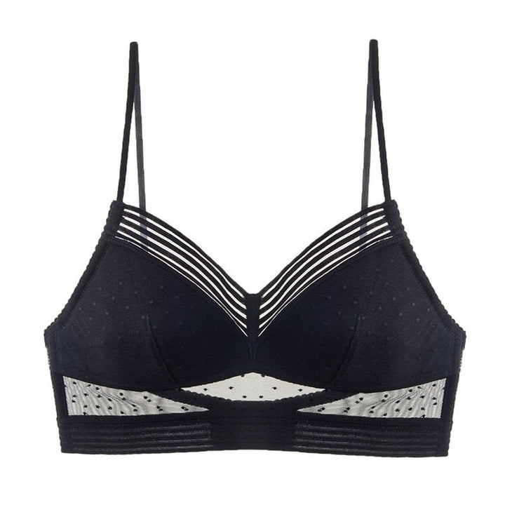 Reggiseno bralette nero con dettagli a righe e trasparenze, design moderno e confortevole, ideale per un look elegante e sofisticato.