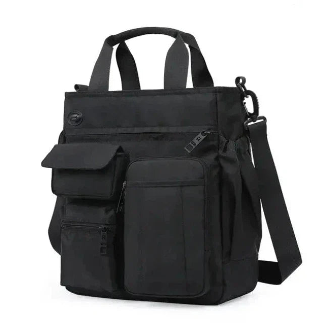 Borsa a tracolla nera multifunzione, design moderno, tasche multiple, ideale per lavoro e viaggio. Materiale resistente e impermeabile.