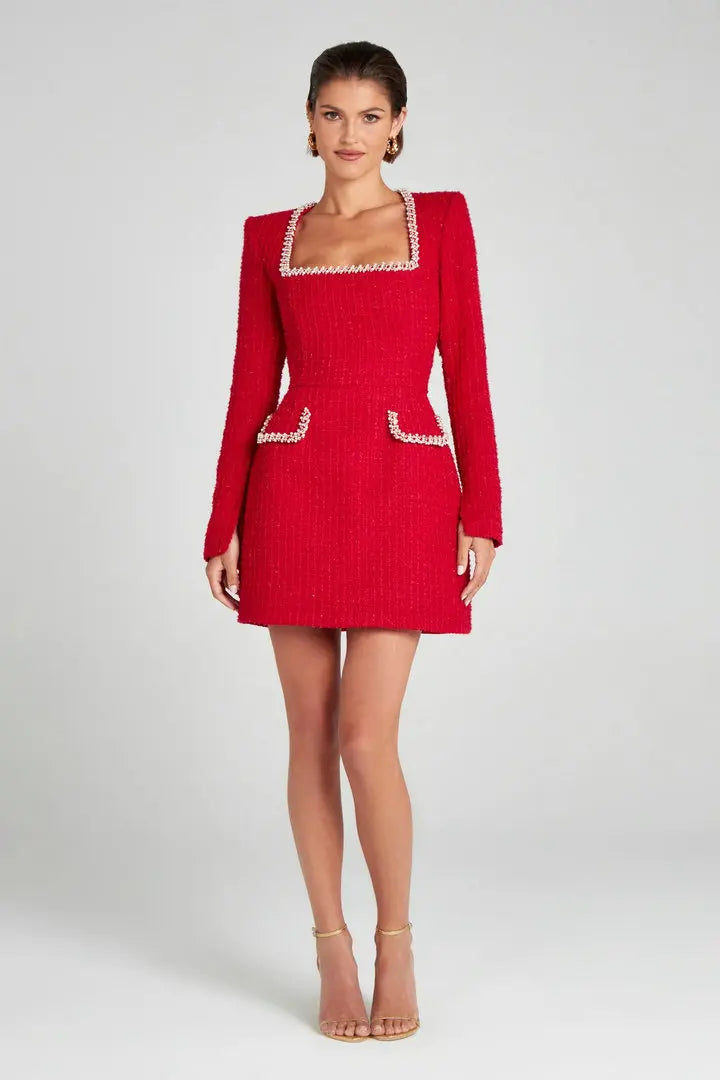 Blazer Mini Donna in Tweed Decorato con Perle