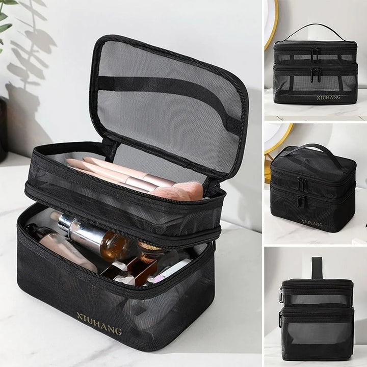 Borsa trucco nera a due scomparti con cerniera, trasparente, ideale per cosmetici e accessori da viaggio. Design compatto e pratico.