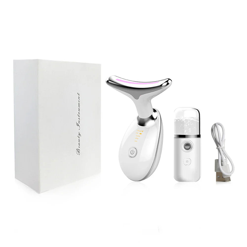 Dispositivo massaggio viso bianco con scatola, vaporizzatore portatile e cavo USB. Strumento bellezza per cura pelle, anti-invecchiamento, lifting.