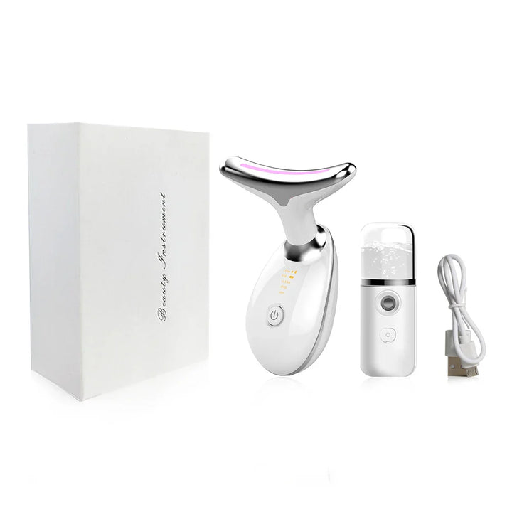 Dispositivo massaggio viso bianco con scatola, vaporizzatore portatile e cavo USB. Strumento bellezza per cura pelle, anti-invecchiamento, lifting.