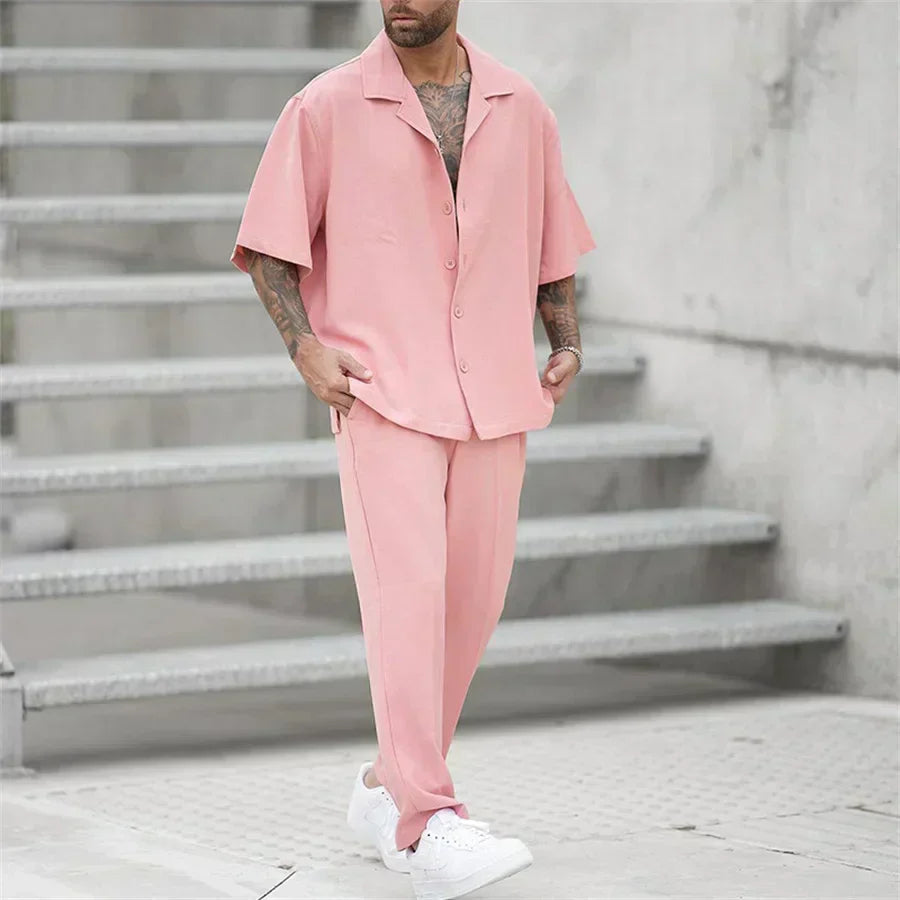 Completo Estivo Uomo Camicia Cotone Pantaloni Dritti