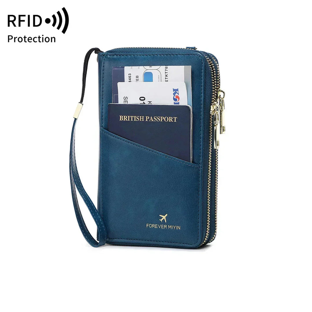 Portafoglio da viaggio blu con protezione RFID, tasca per passaporto britannico, carte di credito e cerniera. Ideale per sicurezza e organizzazione.