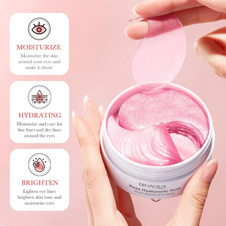 Maschera occhi idratante Bioaqua all'acido ialuronico rosa, confezione aperta, texture scintillante, idratazione e luminosità per contorno occhi.
