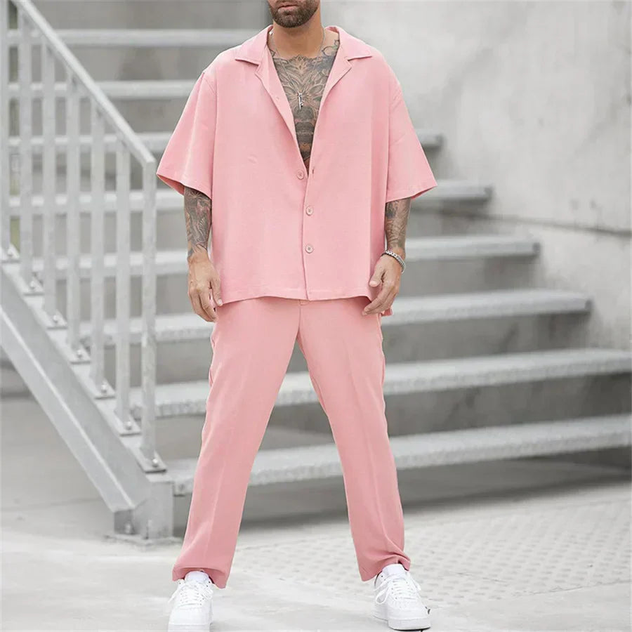 Completo Estivo Uomo Camicia Cotone Pantaloni Dritti