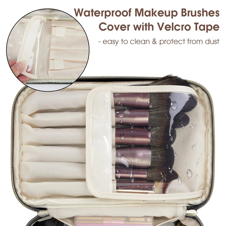 Custodia impermeabile per pennelli trucco con chiusura in velcro, facile da pulire, protegge dalla polvere. Include scomparti per organizzazione.