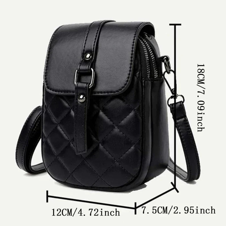 Borsa a tracolla nera in pelle trapuntata, dimensioni 18x12x7.5 cm, con chiusura a fibbia e cerniera, ideale per moda donna e accessori eleganti.